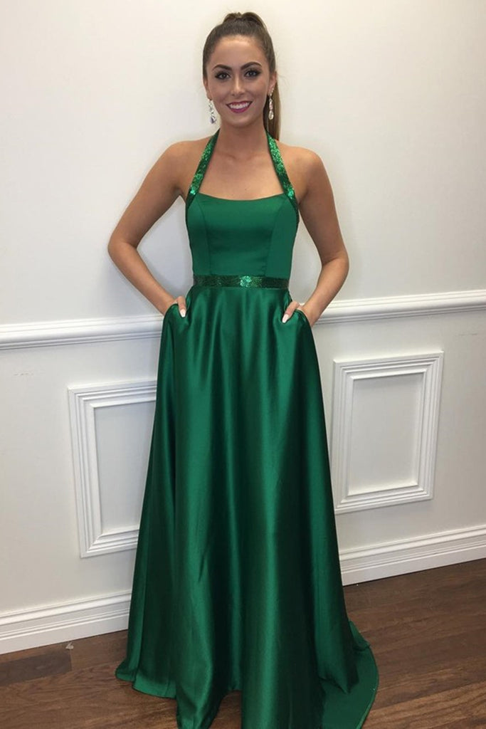 green halter neck formal dress