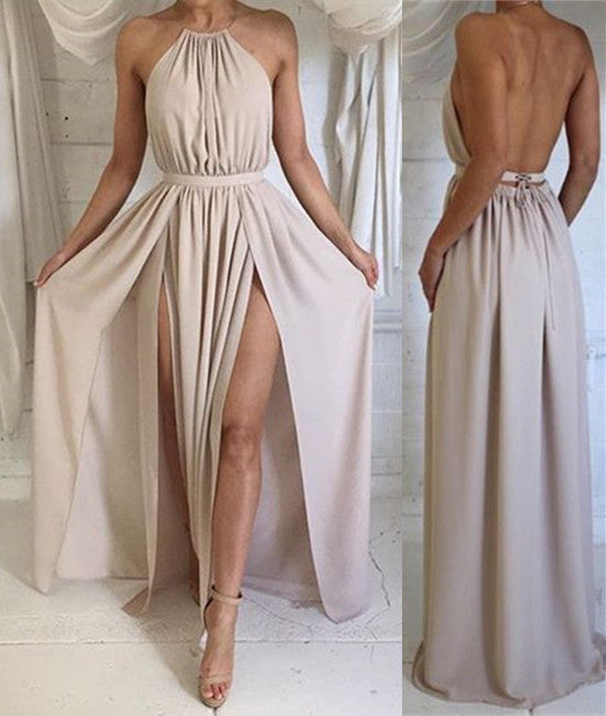 A Line High Neck Backless Chiffon Long Prom Dresses, Long Formal Dress ...