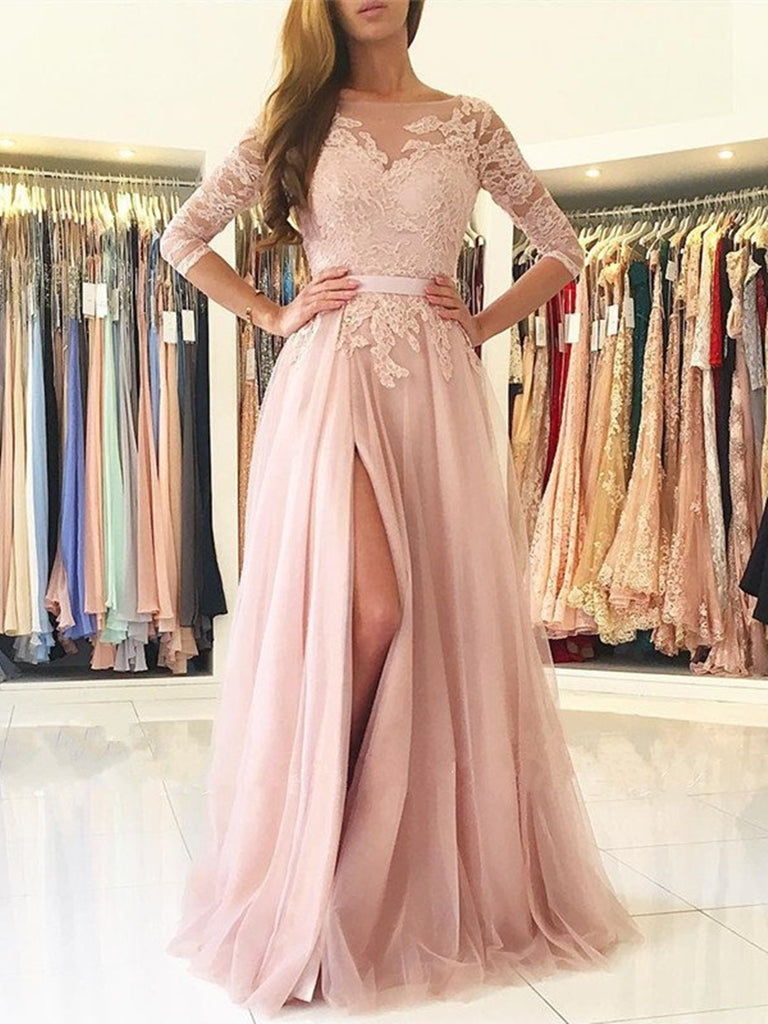 pink formal gowns with sleeves