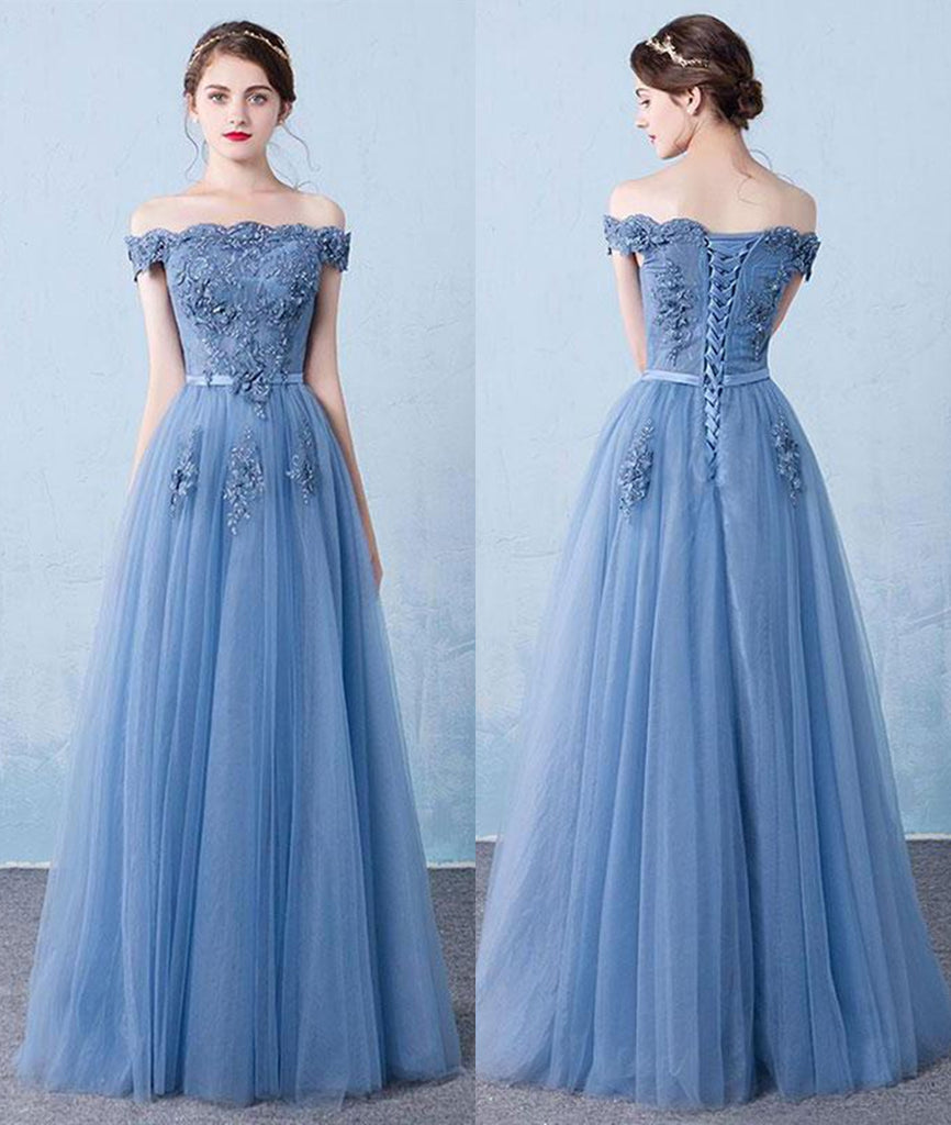 A Line Off Shoulder Lace Appliques Blue Tulle Long Prom Dresses, Blue