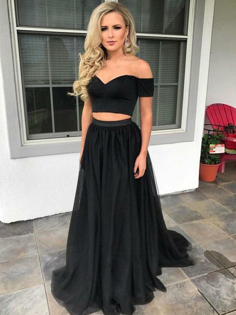 off the shoulder black evening dress