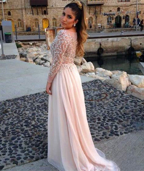 A Line Round Neck Long Sleeves Sequins Lace Prom Dresses, Round Neck F ...