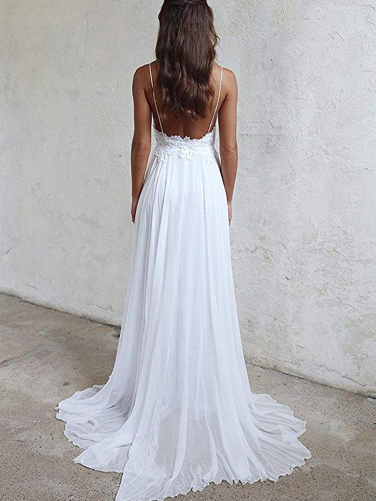 A Line Spaghetti Straps Backless Lace White Beach Wedding Dresses Whi 7767