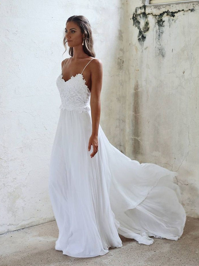 A Line Spaghetti Straps Backless Lace White Beach Wedding Dresses White Backless Lace Long Prom Dresses White Formal Dresses