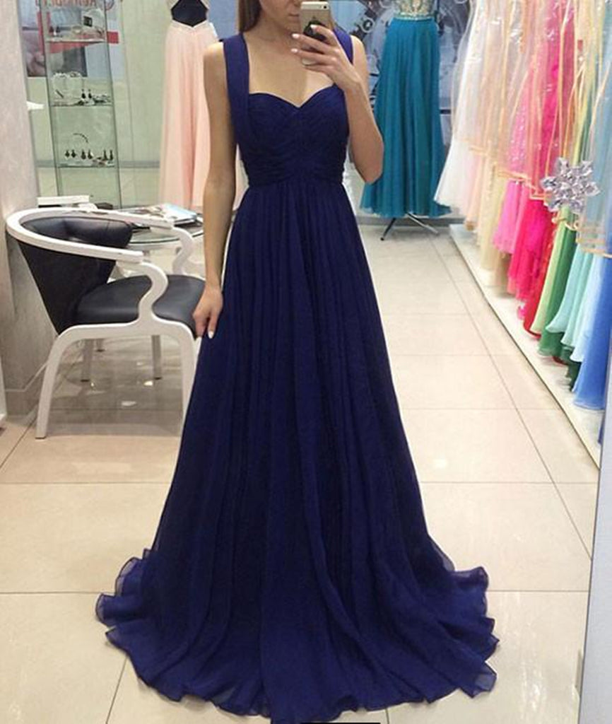 A Line Sweetheart Neck Royal Blue Chiffon Long Prom Dresses, Royal Blu