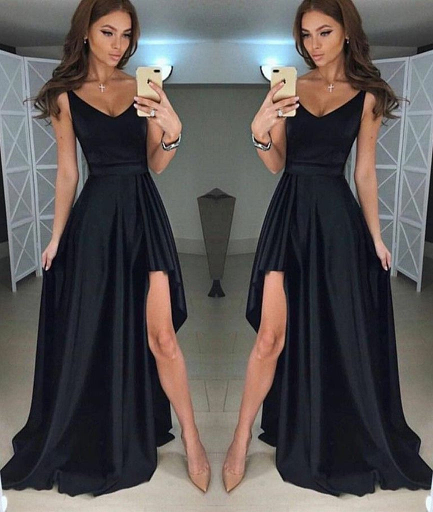 A Line V Neck Asymmetry Floor Length Black Prom Dresses with Pleats, V ...