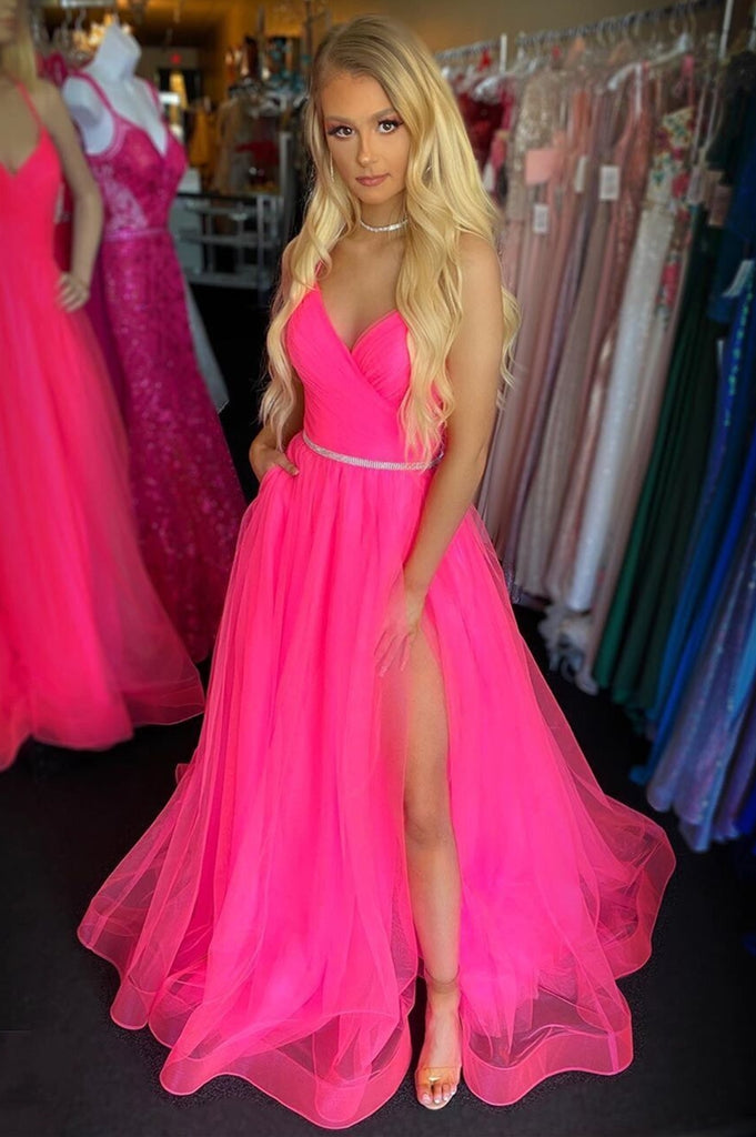 hot pink long prom dress