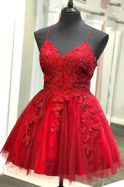 A Line V Neck Backless Lace Red Short Prom Dress Homecoming Dress, Bac ...