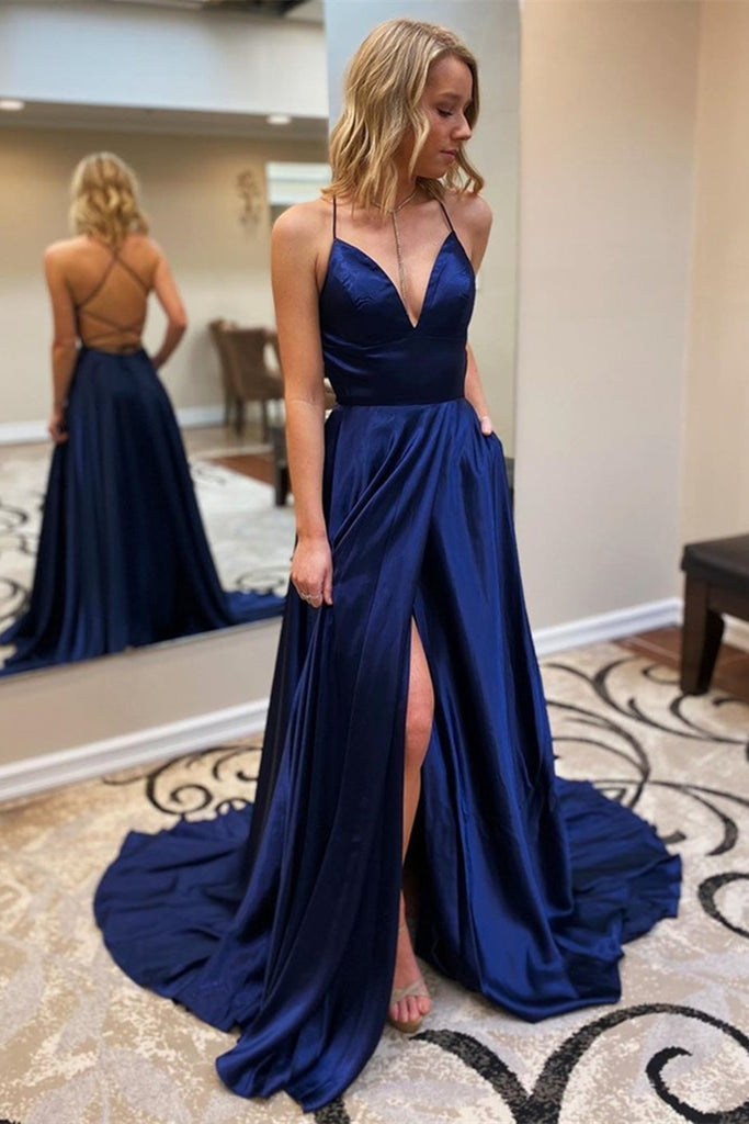 navy blue long formal gowns