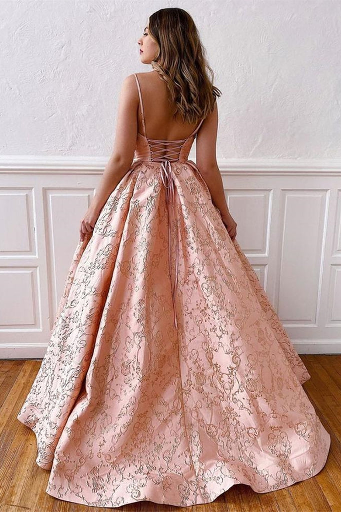 A Line V Neck Backless Pink Lace Prom Dress, Open Back Pink Lace Forma