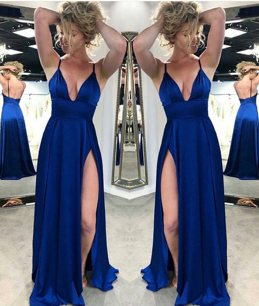 A Line V Neck Backless Royal Blue Satin Long Prom Dresses With High Sl 6042