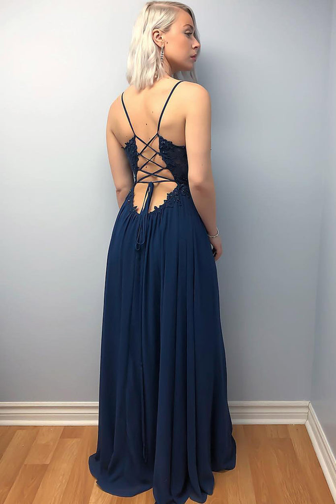 A Line V Neck Lace Beading Top Cross Back Navy Blue Prom Dresses with ...