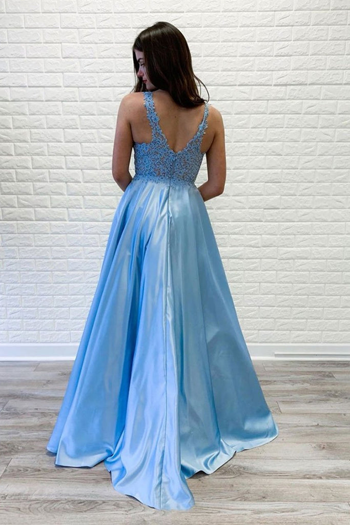 A Line V Neck Light Blue Lace Long Prom Dresses, Light Blue Lace Forma