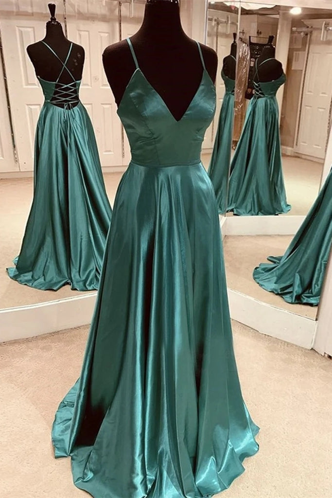 emerald green a line prom dress