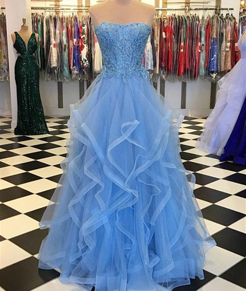 Blue Lace Tulle Long Prom Dresses, Blue Lace Ball Gown, Blue Lace Form ...
