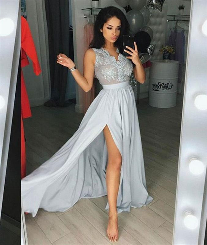 grey evening gown with sleeves