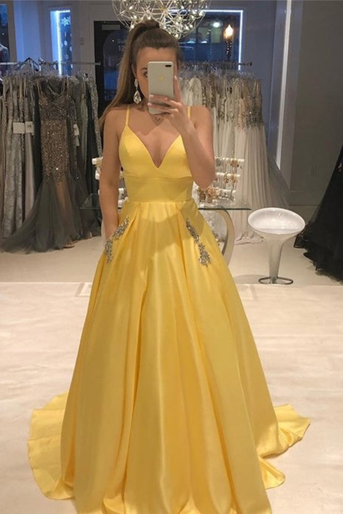 yellow satin evening gown