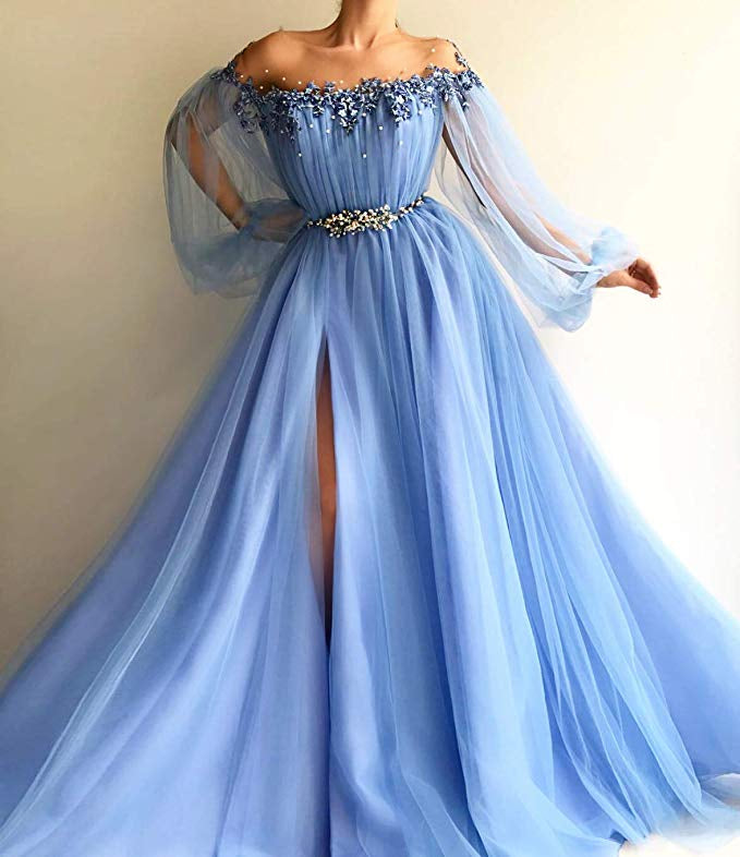 Custom Made Long Sleeves Baby Blue Tulle Long Prom Dress with Slit, Ba ...