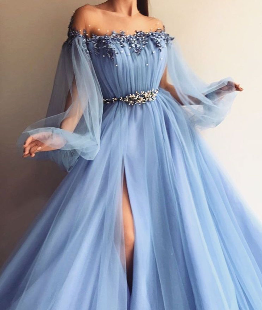 long light blue dress with sleeves