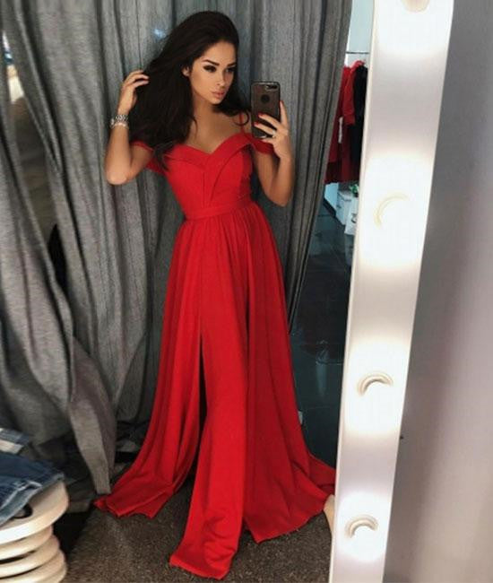 off the shoulder red prom dress