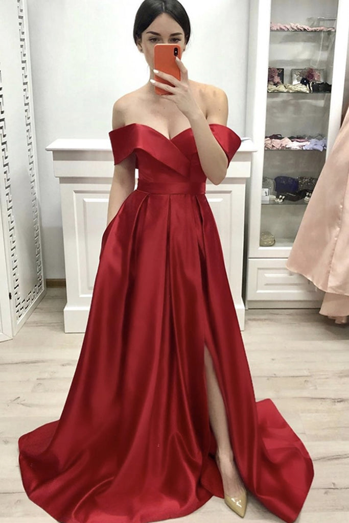 Custom Made Off the Shoulder Red Satin Long Prom Dress with Slit, Off