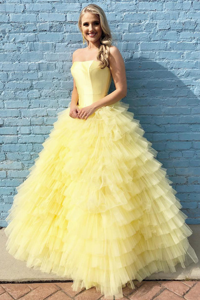 yellow strapless prom dress