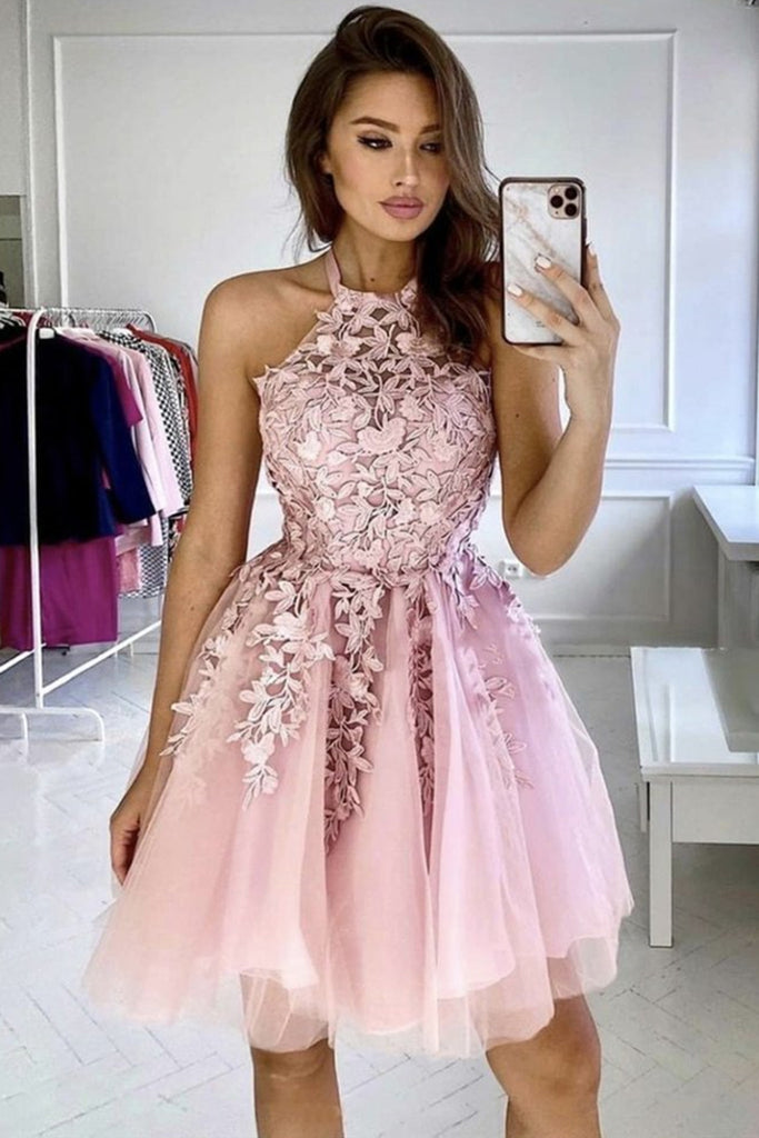 Cute Pink Lace Short Prom Homecoming Dress, Pink Lace Formal Dress, Pi – abcprom
