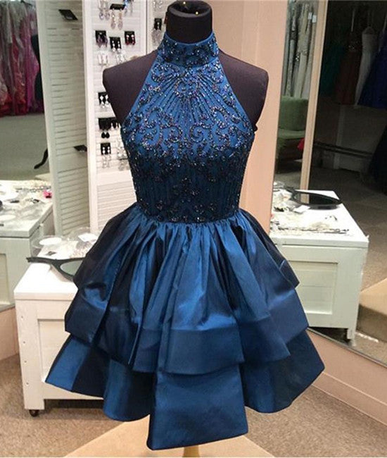 blue high neck prom dress