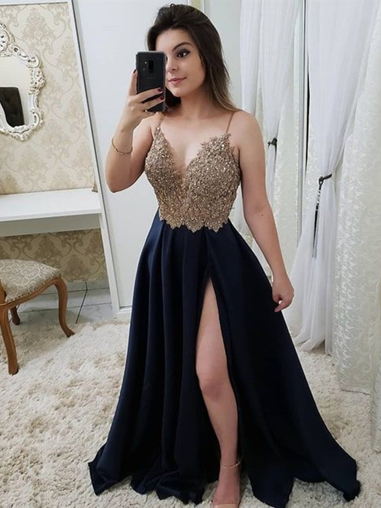 dark blue and gold prom dress