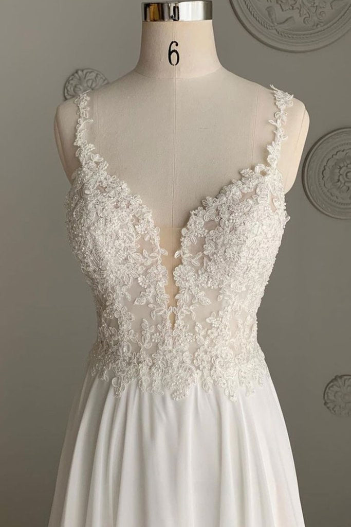 Deep V Neck White Lace Long Prom Dress, Long White Formal Dress, White ...