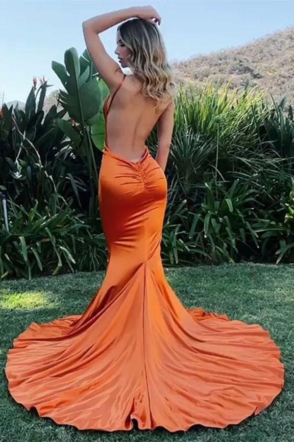 Deep V Neck Mermaid Backless Orange Long Prom Dress, Mermaid Backless
