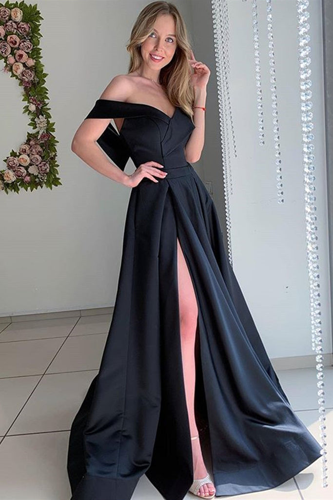 long black off the shoulder formal dress