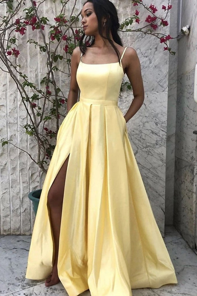 yellow a line prom dress