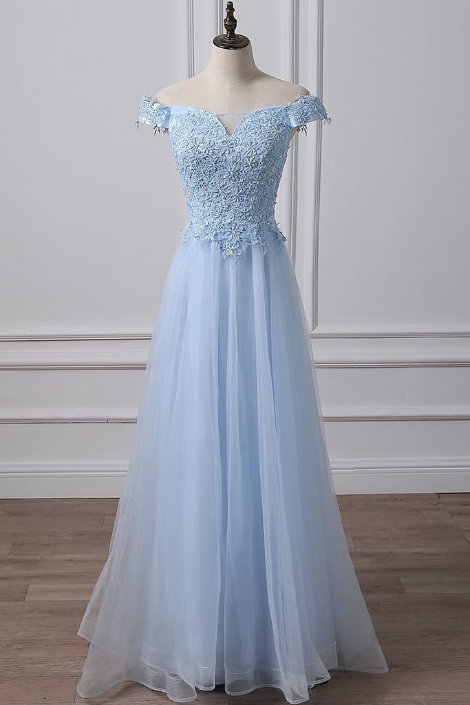 Elegant Off Shoulder Long Sky Blue Lace Prom Dress, Off Shoulder Sky B
