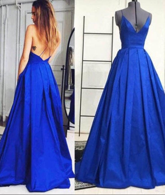 Elegant V-neck Ruffles A-line Backless Royal Blue Prom Dresses, Evenin ...