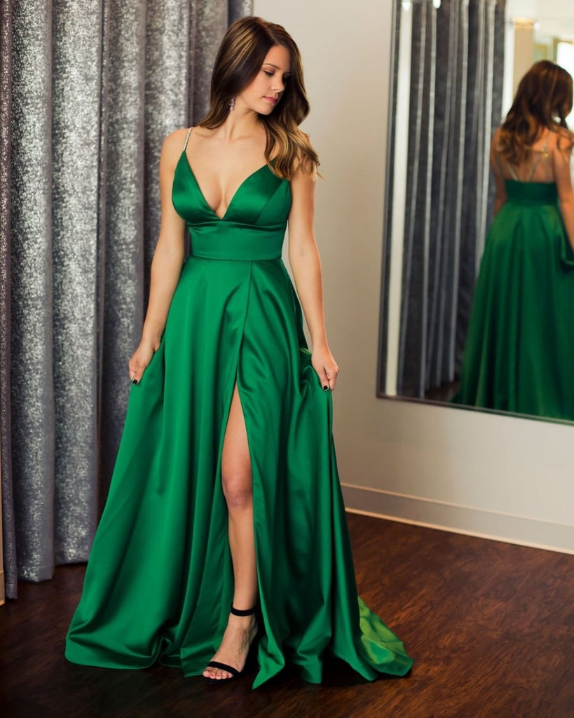 Elegant V Neck Backless Emerald Green Long Prom Dress With Slit Backl