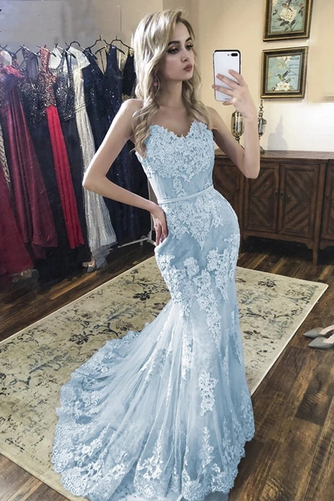 royal blue lace mermaid prom dresses