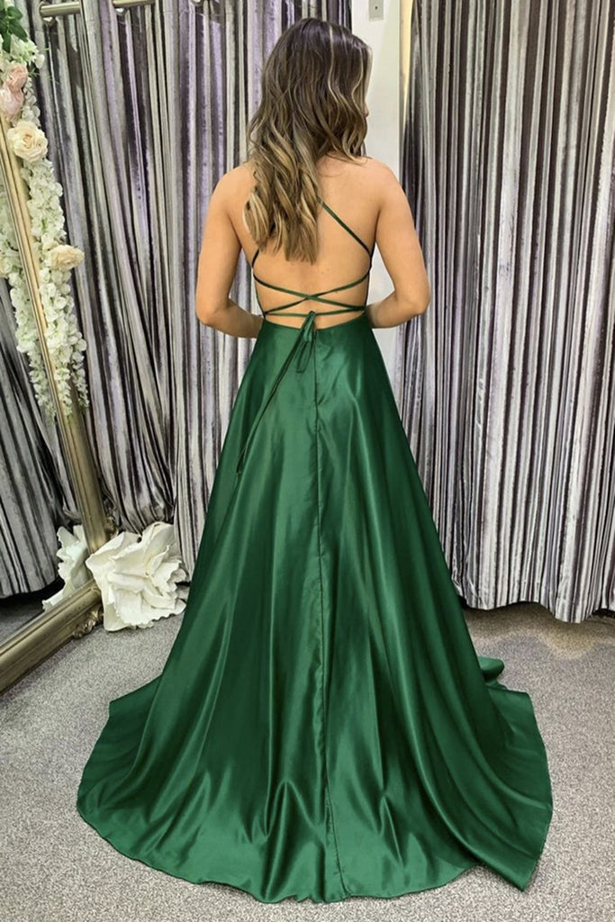 Green Satin Backless Long Prom Dress with High Slit, Open Back Green F ...