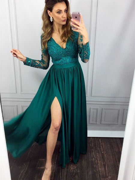 Green A Line Long Sleeves Lace Long Prom Dresses with Leg Slit, Long S ...
