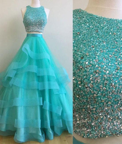 2 piece teal prom dress