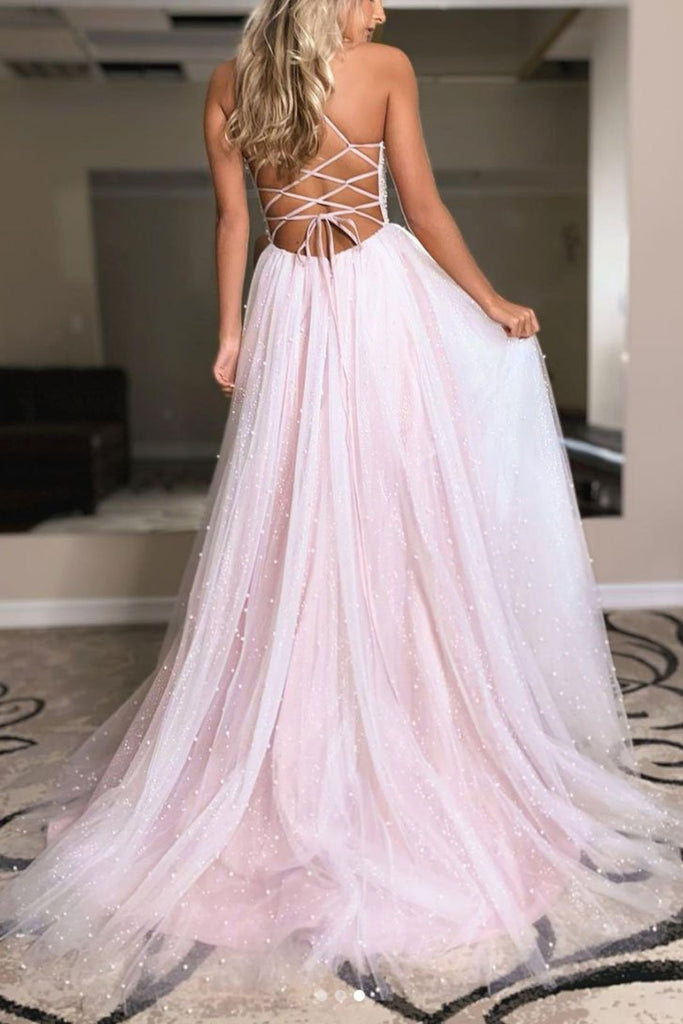 Light Pink Deep V Neck Backless Beaded Long Prom Dress, Shiny Light Pi –  abcprom