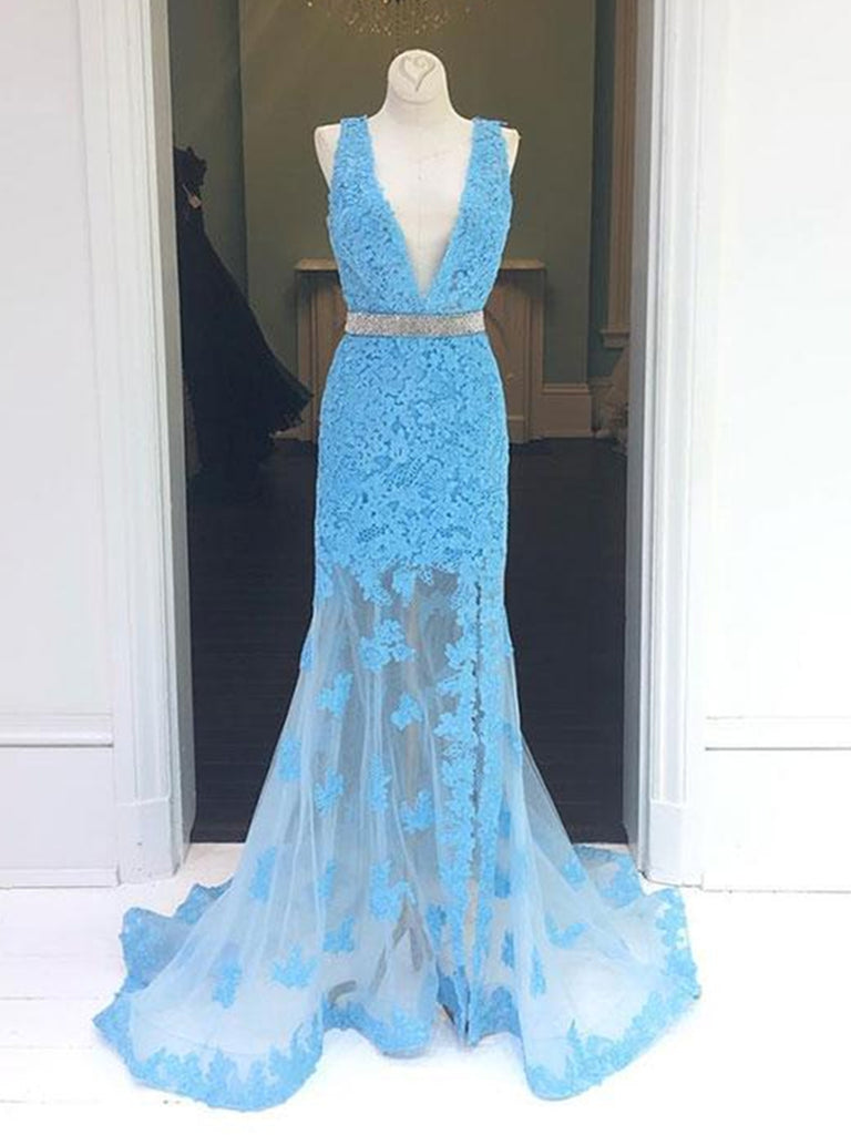 Light Blue V Neck Mermaid Lace Applique Long Prom Dresses, Lace Blue F ...