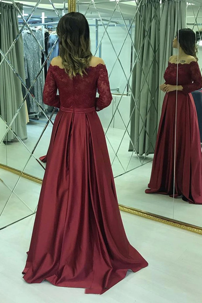 Long Sleeves Lace Burgundy Long Prom Dresses, Burgundy Lace Formal Dre ...