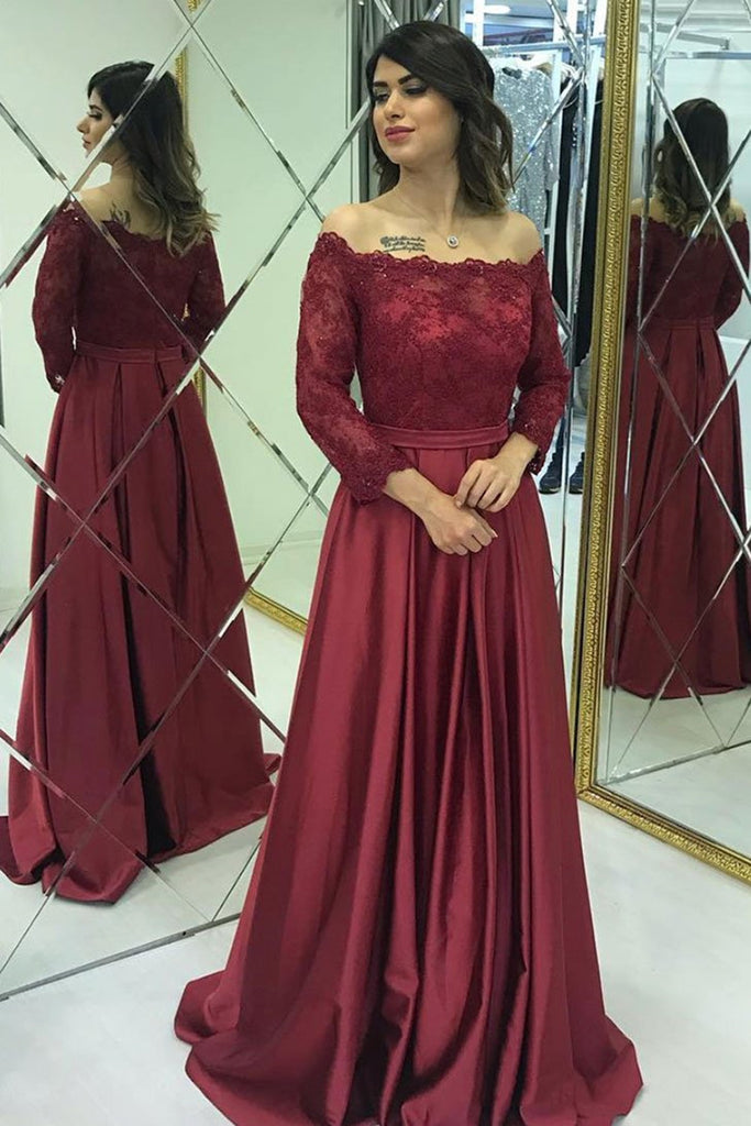 long sleeve burgundy evening gown