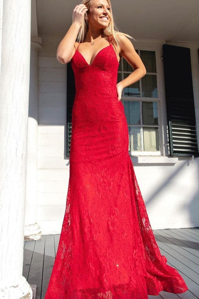 Mermaid V Neck Backless Red Lace Long Prom Dress Mermaid Red Formal D Abcprom 4620