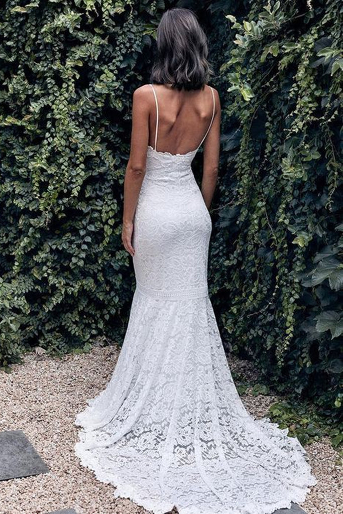 Mermaid Backless White Lace Long Prom Dress Wedding Dress with Train ...