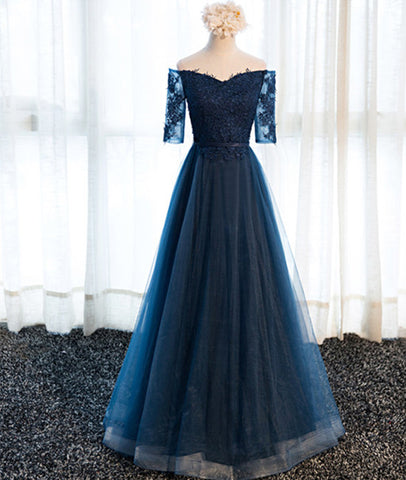 navy blue formal gown with sleeves