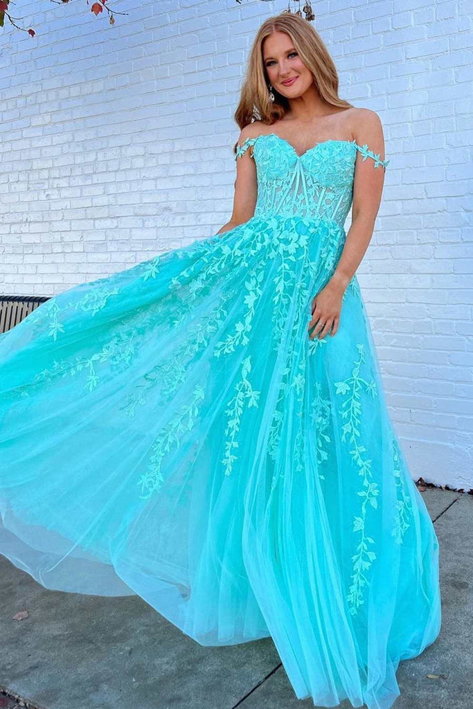 Off Shoulder Teal Lace Long Prom Dress, Off the Shoulder Teal Formal Dress, Teal Tulle Evening Dress A1749