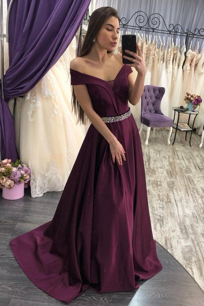 Off Shoulder Grape Purple Long Prom Dress with Beaded Belt, Off the Sh ...