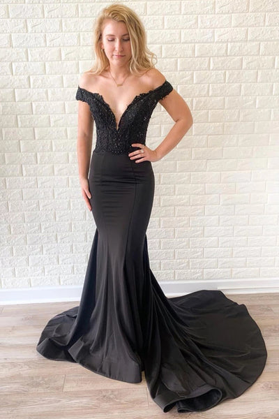 Off the Shoulder Mermaid Lace Black Long Prom Dress with Train, Off Sh ...